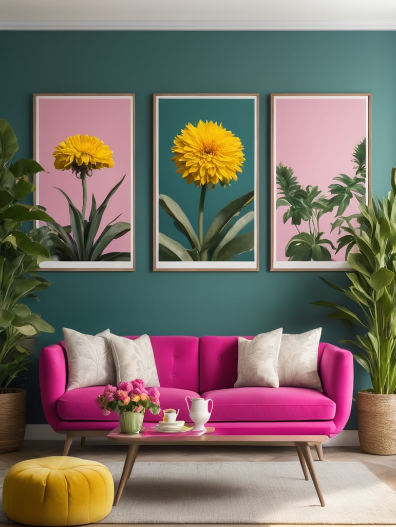 Mockup for two frames of 24x36 in. posters, hanging on a wall painted dark teal color, in a french modern country style livingroom, hot pink sofa and yellow pillows, many plants and flowers, bright livingroom