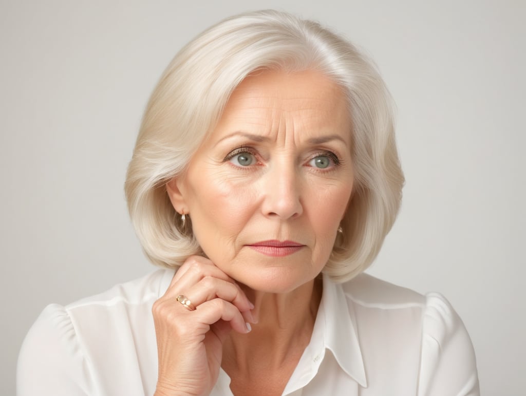 Blonde middle aged woman ponders on something keeps hand near face, white hair, white blouse, mature women, pretty old women, isolated, white background