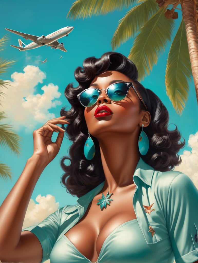 Pin up art, portrait, a black woman raised her head up, looks at the sky, sunglasses, one airplane flies in a clear sky and leaves a mark, summer, palms around, palms reflected on a sunglasses, turquoise shades, style by Gil Elvgren