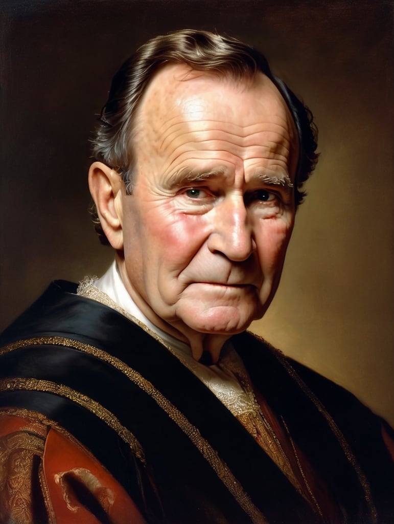 Portrait of George H. W. Bush by Rembrandt Harmenszoon van Rijn, sad face, America, so sorry