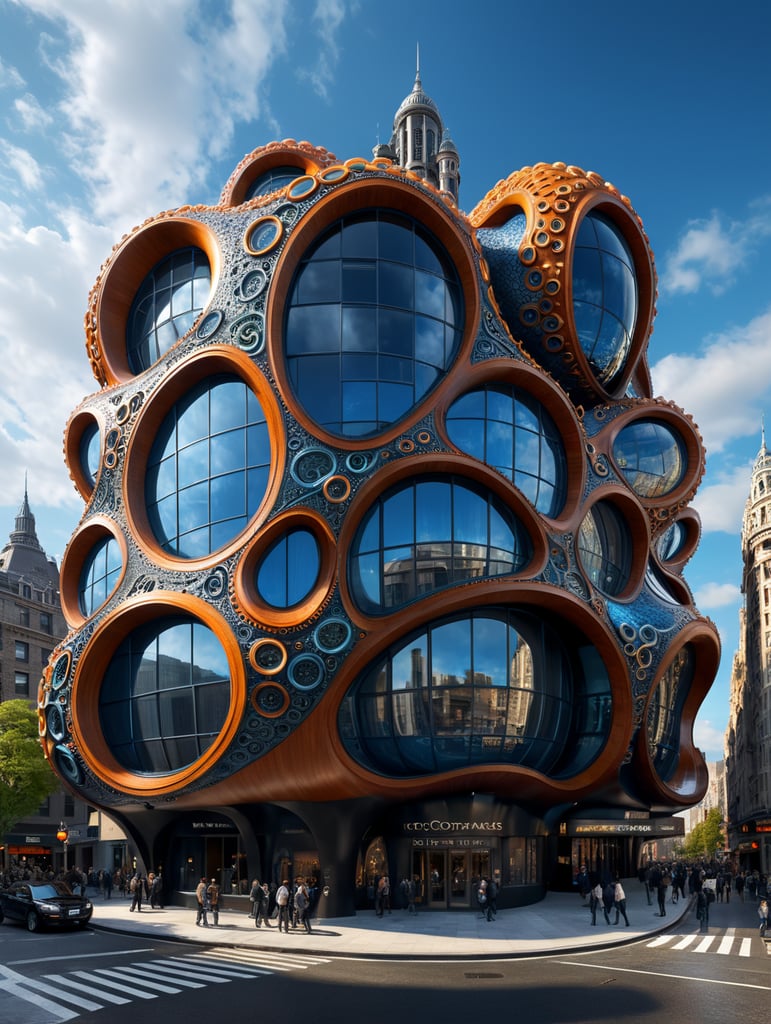 the craziest, bentwood, far view lens architectural modern style hyper realistic hyper detailed neocosmic exterior architecture design of a octopus Fluid complex facade, geometric shapes spectrum, black:2 blue:3, Antoine Blanchard architecture art style, in new York city, dramatic ambient, natural lighting