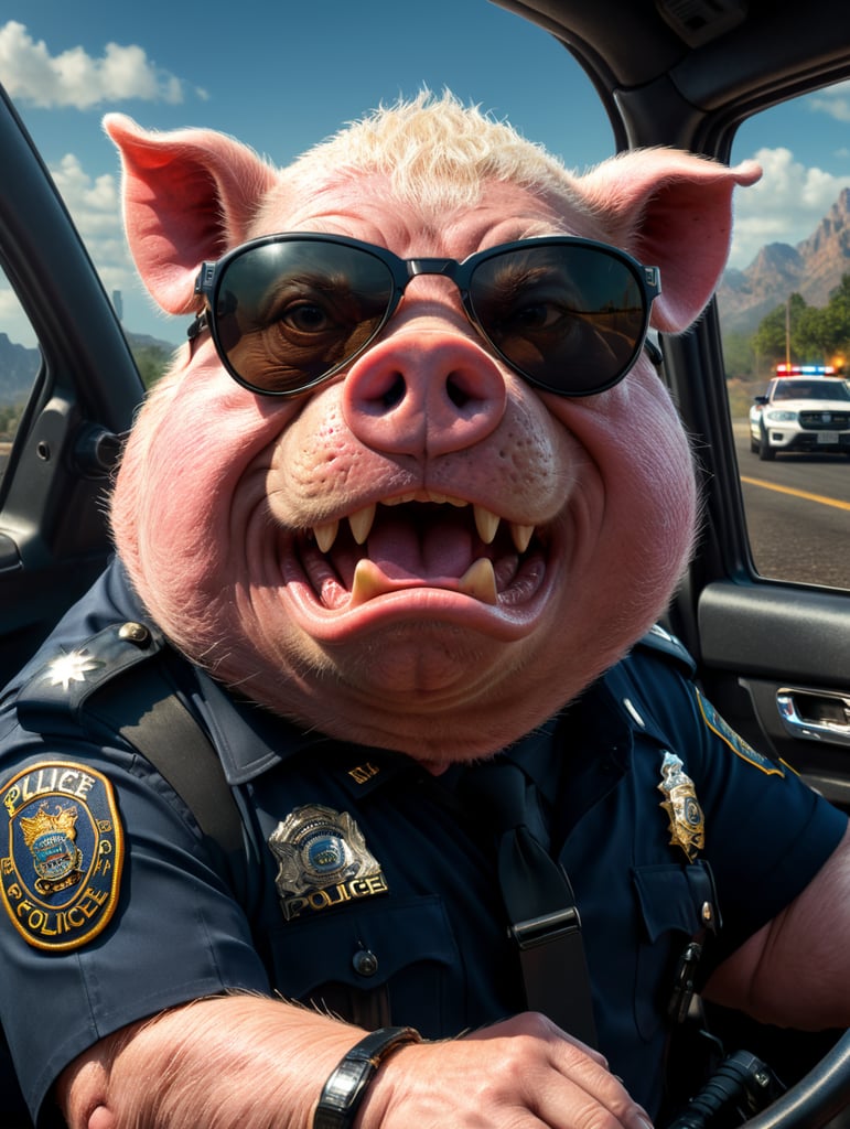 A angry pig police officer, sitting behind the wheel of a police car, close-up shot, sunglasses, clipart, stock photo