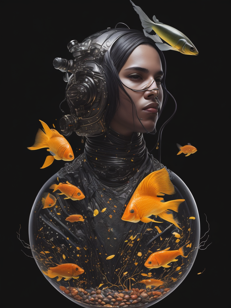 Surreal portrait, Cybernetic Biotech Peace Keeper with a fishbowl head with goldfish inside, biotech gear, armor made of bioluminescent black liquid mercury dripping upwards, cape flapping in the wind, cinematic lighting, Moebius and Pierre Soulages, hyperrealism, vibrant fantasy sci-fi realism, high-contrast