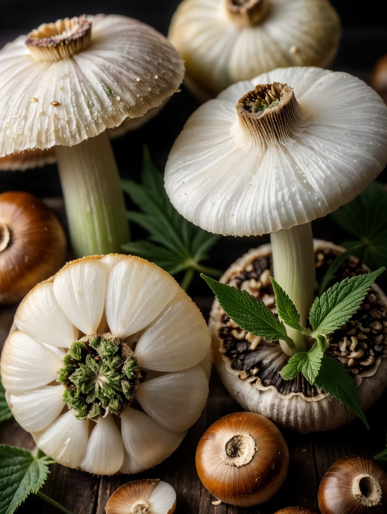 cannabis, garlic, mushroom, onion, laboratory