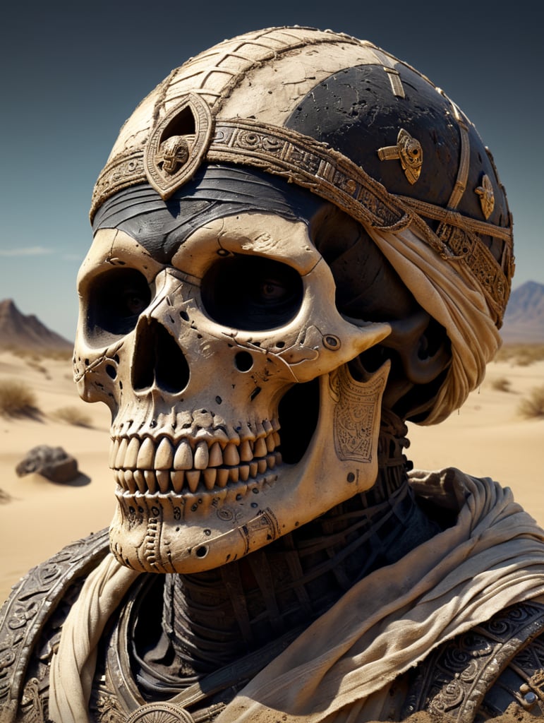Una calaverita mexicana disfrazada de momia con las vendas llenas de arena y desgastadas