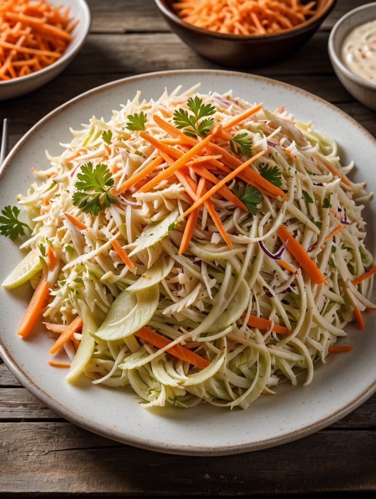 Coleslaw, small plate on a wooden table, Description: A classic side dish made from shredded cabbage and carrots, mixed with a creamy mayonnaise-based dressing or a tangy vinegar-based dressing, often served with barbecue and fried foods.