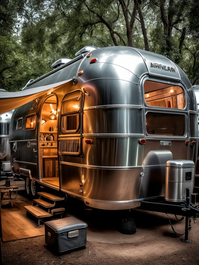 Futuristic alien Airstream camping trailers, steampunk and neon, cyber technology