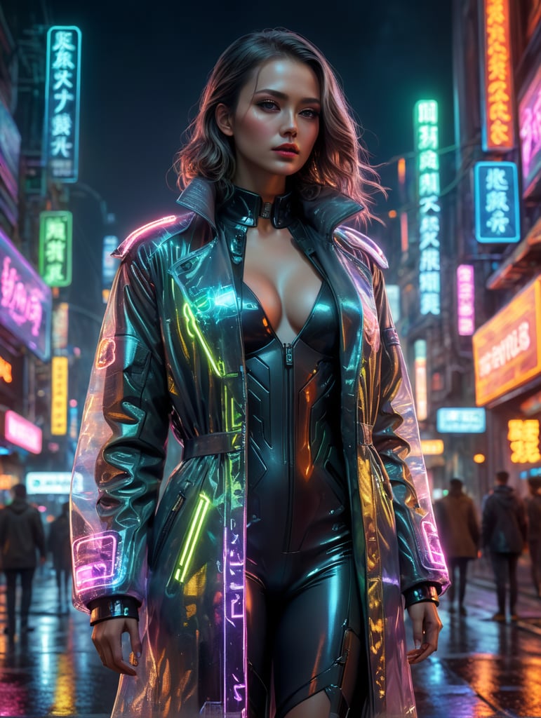 A women wearing translucent coat, standing on a street, neon cyber city, dark night, neon signs