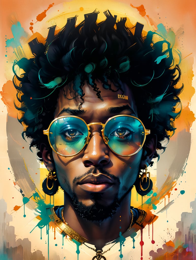 Hiphop guy with gold dollar sign glasses ,afro