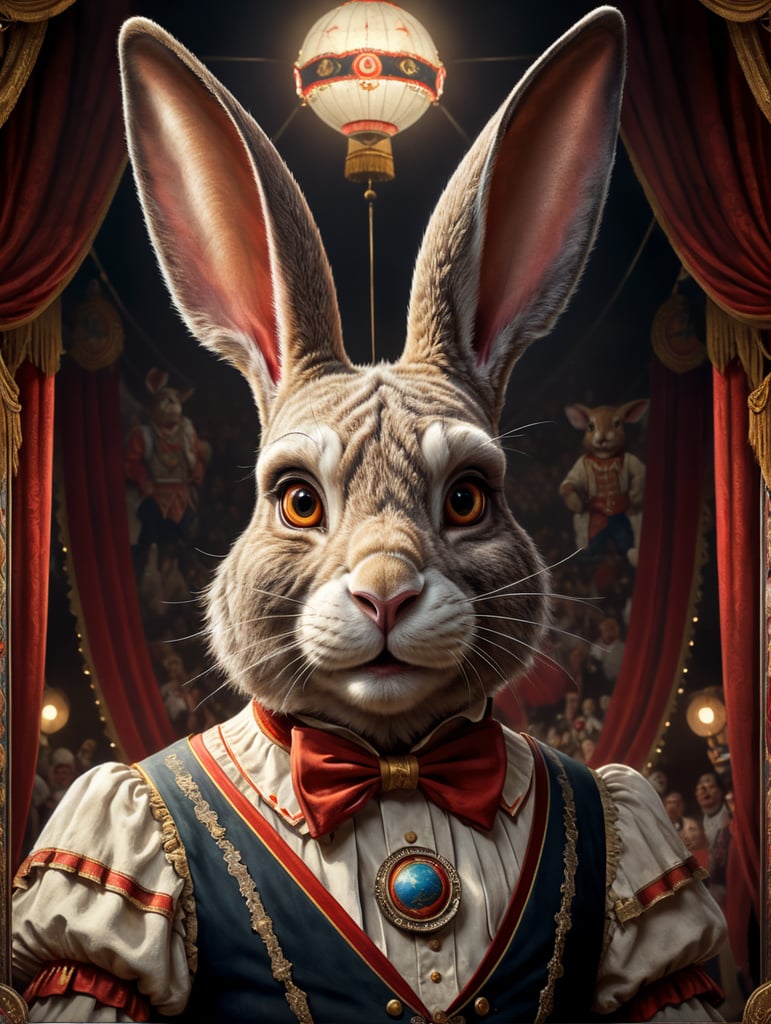 Vintage style circus poster of an anthropomorphic rabbit with the world’s longest ears