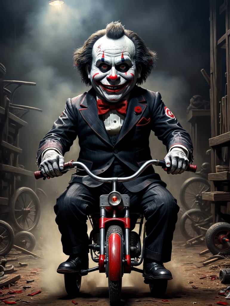 Billy the puppet from the movie saw drifting on his tricycle, highly detailed and resolution