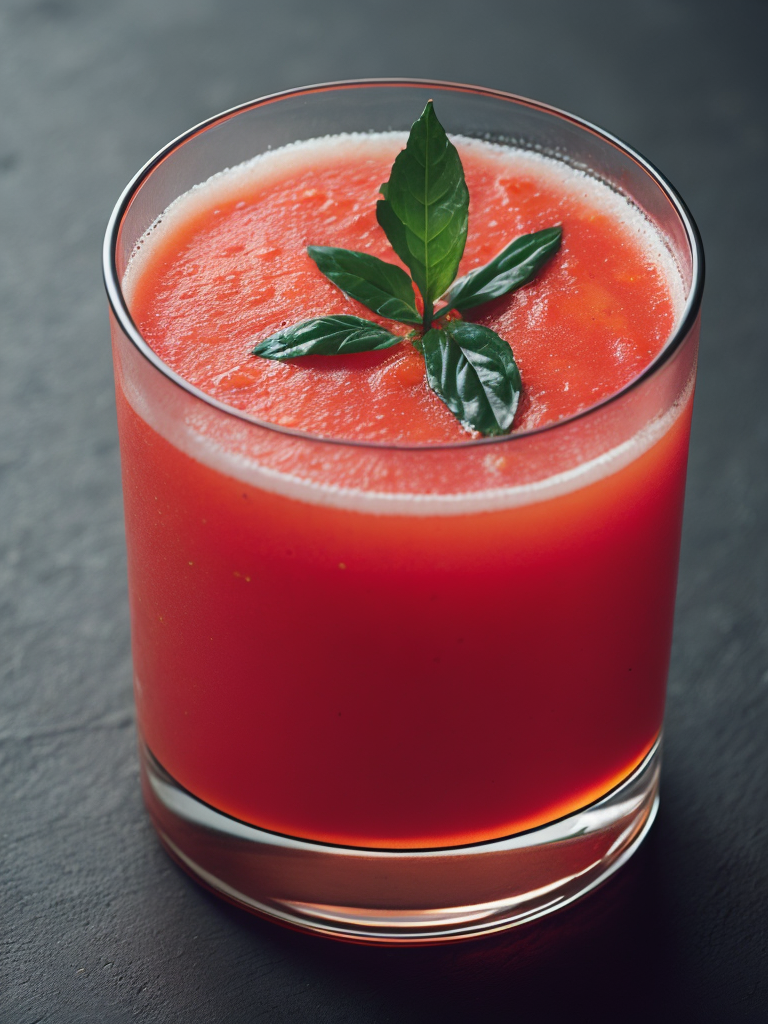 a glass of tomato juice with green leaves on top