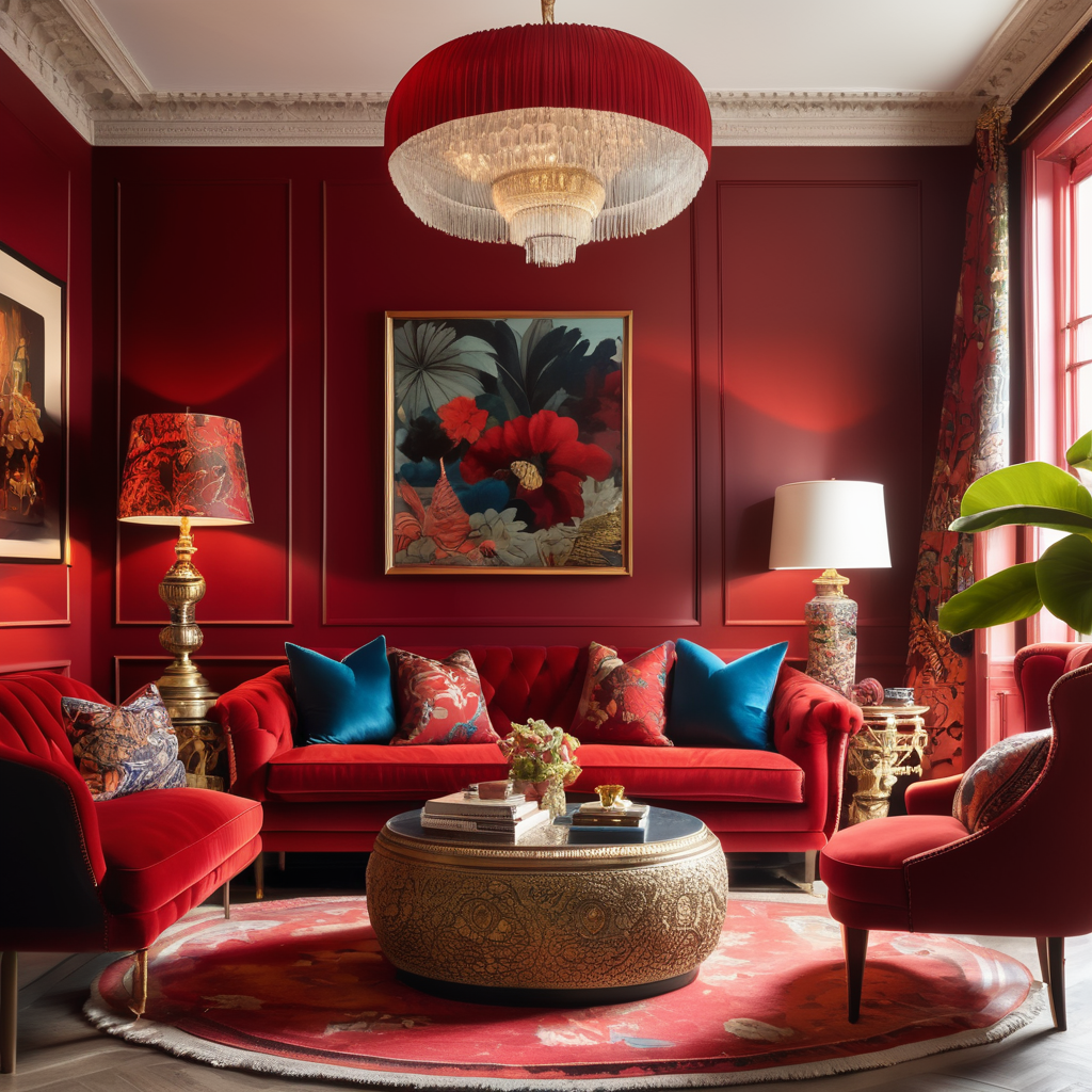 A l (((maximalist reading nook))), outfitted with a comfortable (((red sofa))) and a cozy mix of patterned pillows, intricate lamps, and statement art pieces