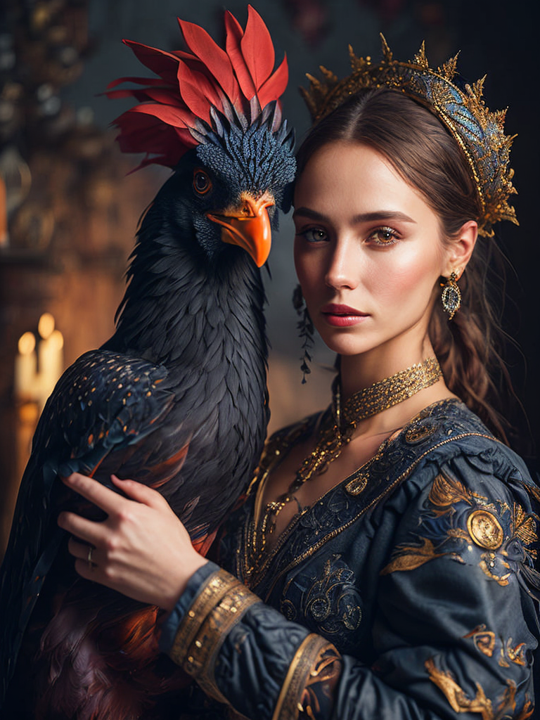 Portrait of a Beautiful women from Russian fairytale wearing traditional costume hugging a Rooster