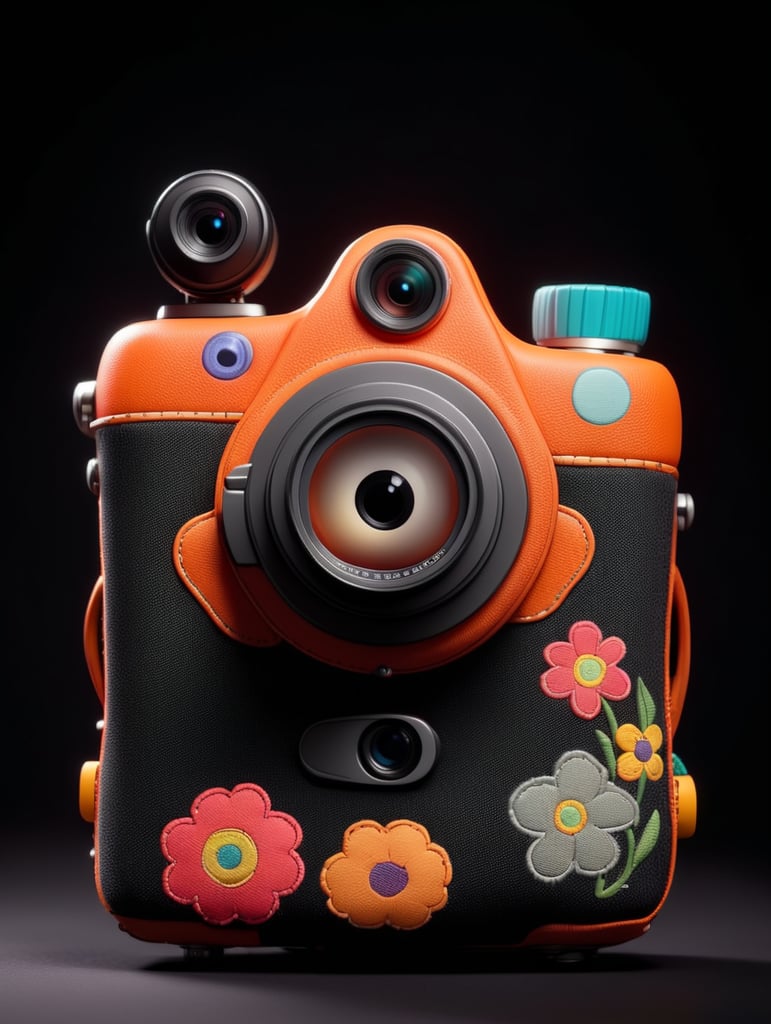 leica camera, decorated with textile, fabric case, isolated, black background