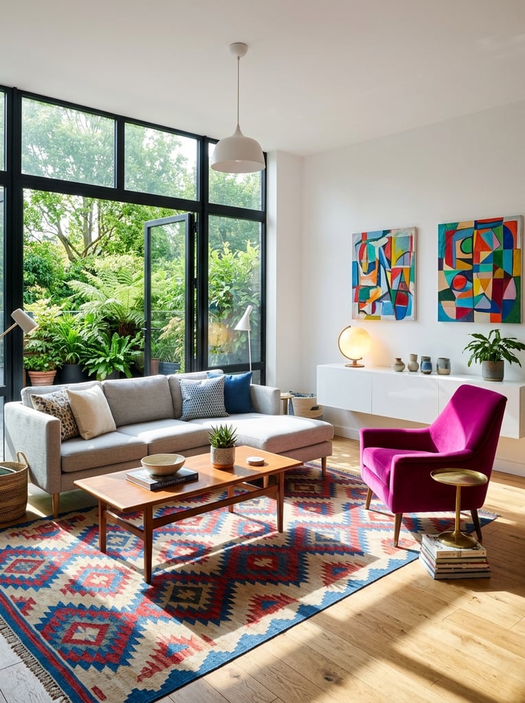 A bright modern living room features a striking magenta accent chair and a geometric rug illuminated by intense natural sunlight. A light grey sectional sofa and a wooden coffee table rest on the vibrant rug decorated with red, blue, and beige diamond motifs over light wood flooring. Expansive black-framed glass doors on the left reveal lush greenery, casting sharp shadows across the floor. White walls display abstract paintings above a sleek white console holding a globe lamp and small ceramics. The architectural photography captures the minimalist aesthetic and dynamic directional daylight.