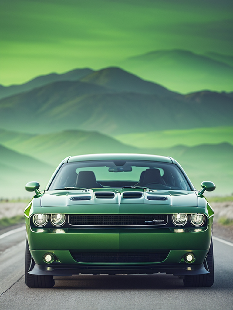 green dodge challenger car with dragon