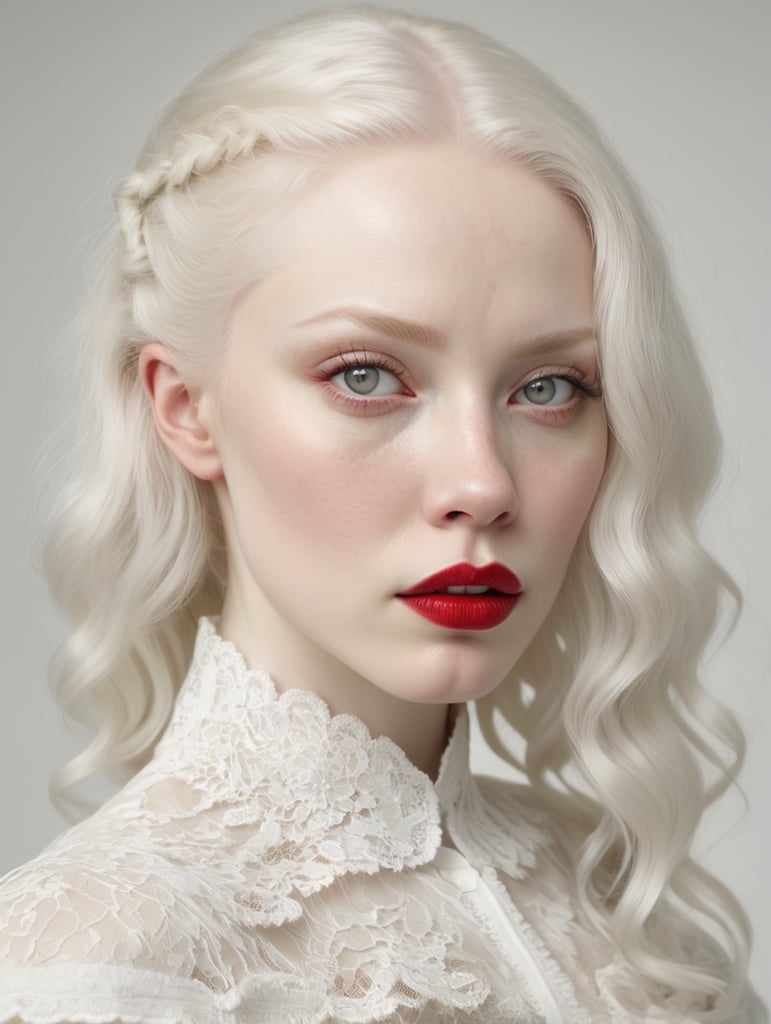 extremely realistic image of an albino woman, extremely white skin and hair, white lace clothes, (red lips), light grey eyes, ultra sharp focus, white background, studio photography by MSchiffer