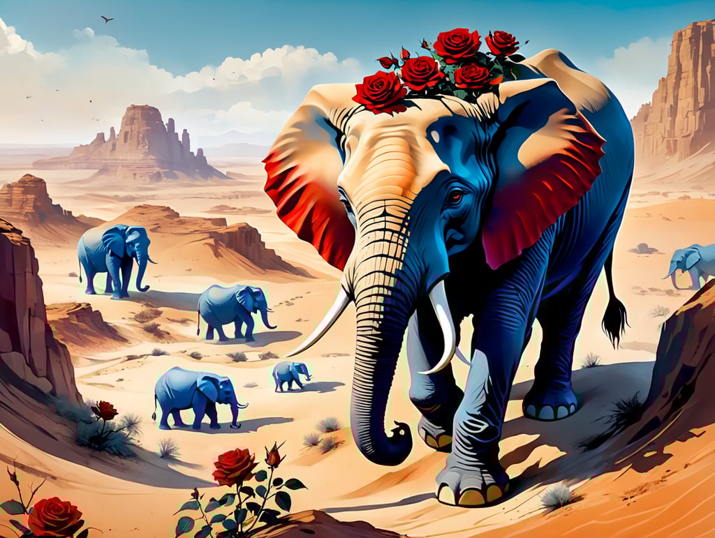 Красная роза в бежевой пустыне. Синие слоны. Сверху космос.
