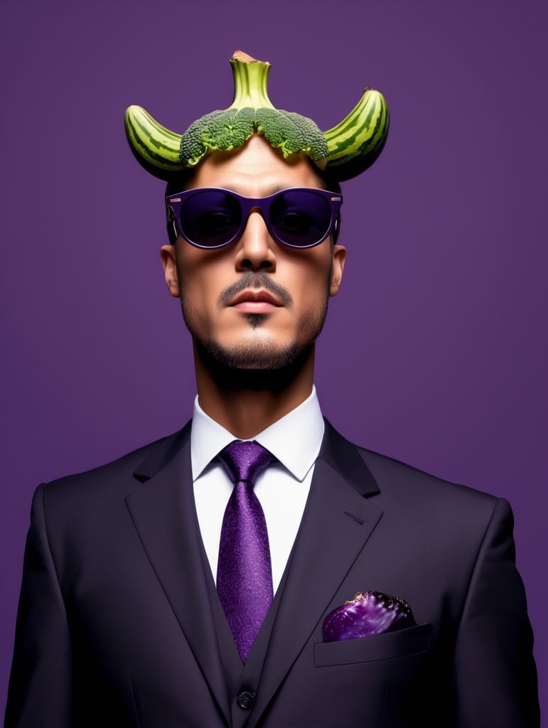 A man in a business suit with a eggplant for a head, dark purple background, sunglasses, isolated, style of Edward Burne-Jones