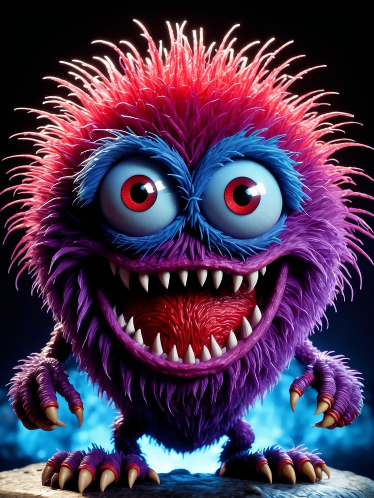 Cgi! red germ monster character, highly detailed, scary but charming, gremlin, tribbles, minions, stop motion! purple and blue lighting!
