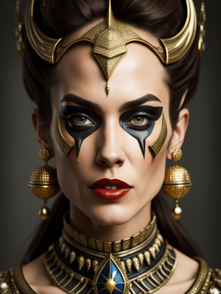 Epic portrait of tvenetian harlequin female clown in pastels and gold intricate embellishments and geometric patterns and designs, high definition, photography, cinematic, detailed character portrait, detailed and intricate environment, strong breeze, nevus under left eye, detailed and intricate environment