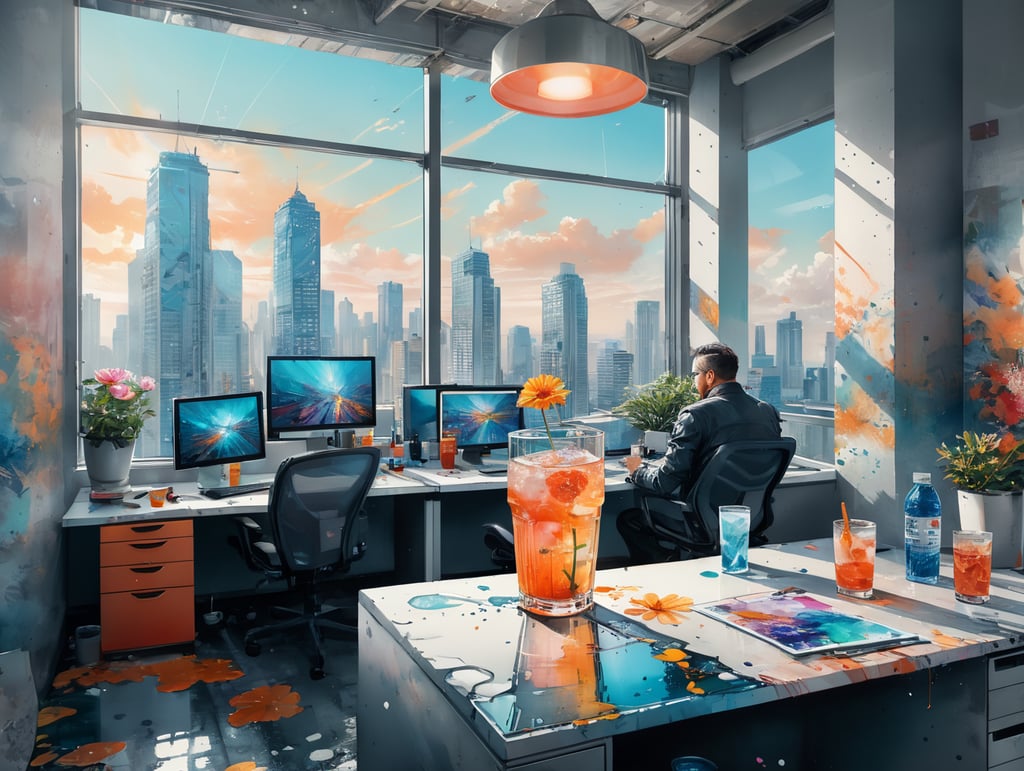 Офис. Большие окна . Высотка. Куллер. В куллере вода и плавает цветок. Всем хочется пить. Но только одному человеку можно выпить эту воду