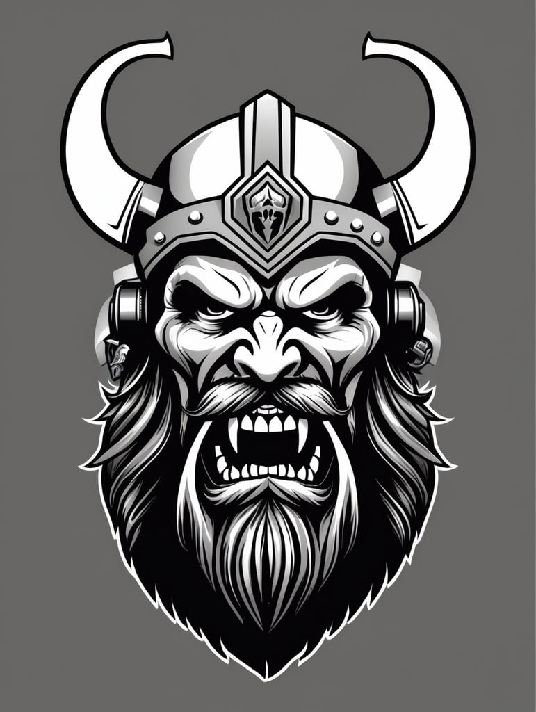 Aggressive Viking with beard skull gaming logo, black and white, e-sports Logo, vector image