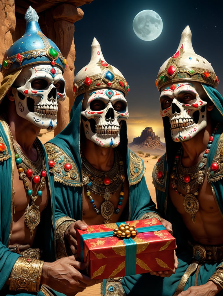 the three wise men with a Mexican skull mask showing their gifts, desert scene, detailed, good lighting and good definition