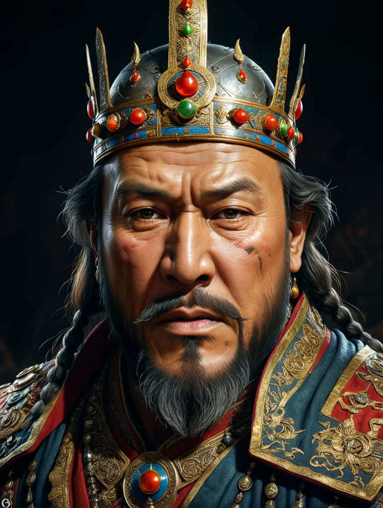 A realistic portrait of Gengis Khan with all of his described feactures in total accuracy