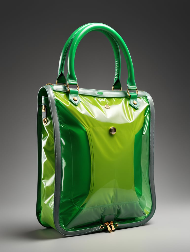 Inflatable vibrant green minimalist women's bag, transparent, isolated, grey background, mockup