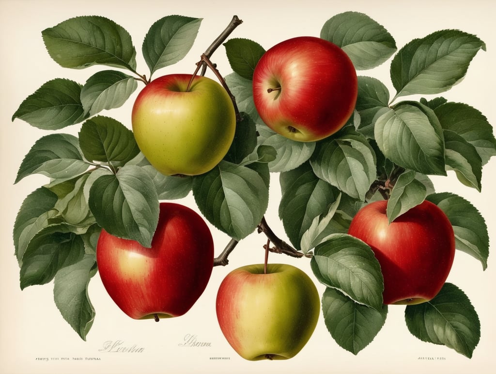 Botanical print. apples with leaves