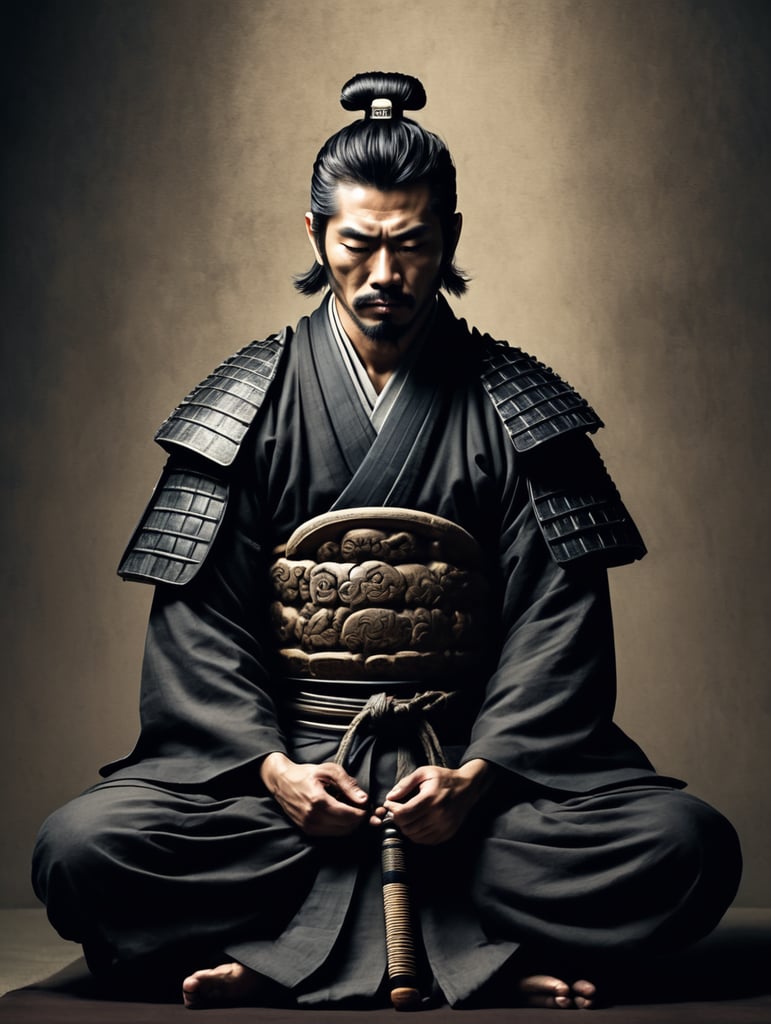 a samurai man sitting and meditating in darkness, old classical japanese style