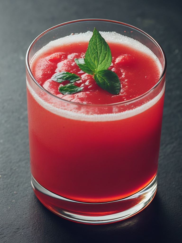 a glass of tomato juice with green leaves on top