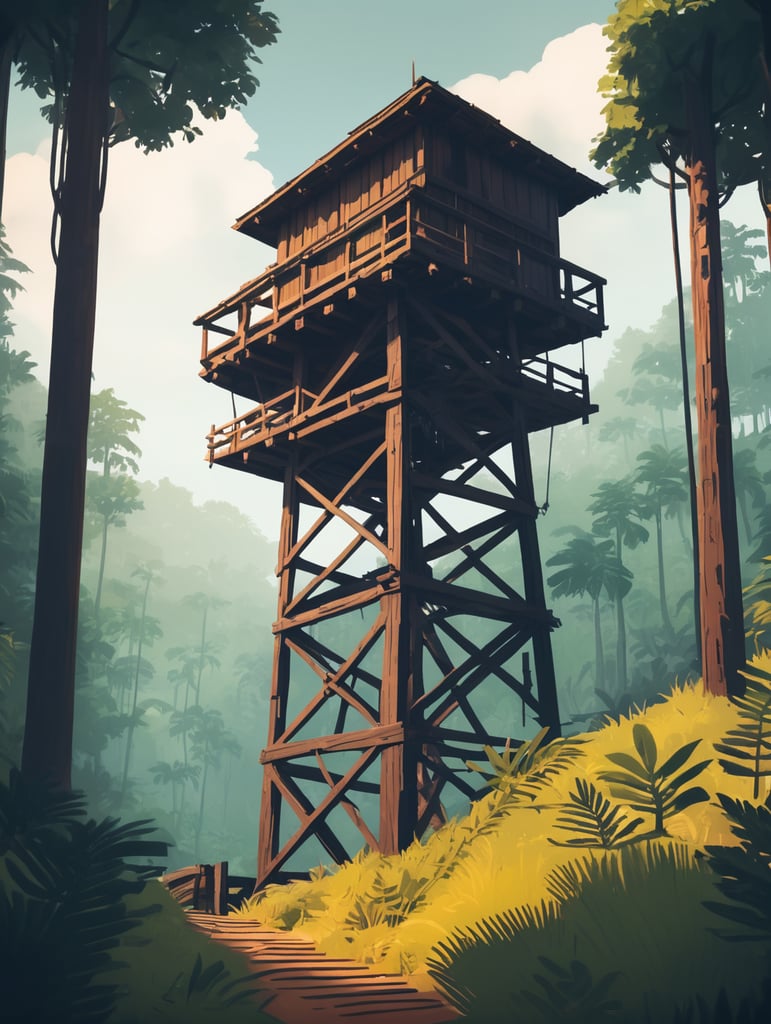 uma torre de vigia de madeira igual a do game firewatch grudada na montanha, em uma floresta tropical arte estilo firewatch game