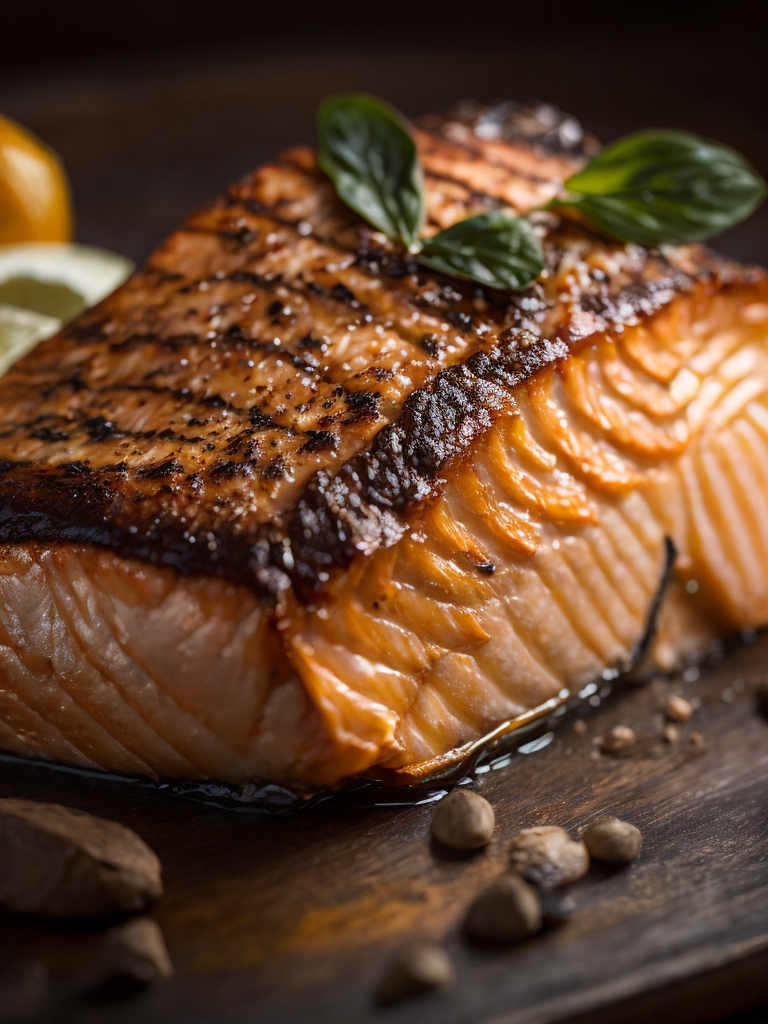 macro photography of a grilled salmon