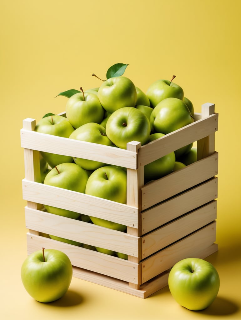 wooden crate with green apples, isolated, yellow background, mockup, mock up