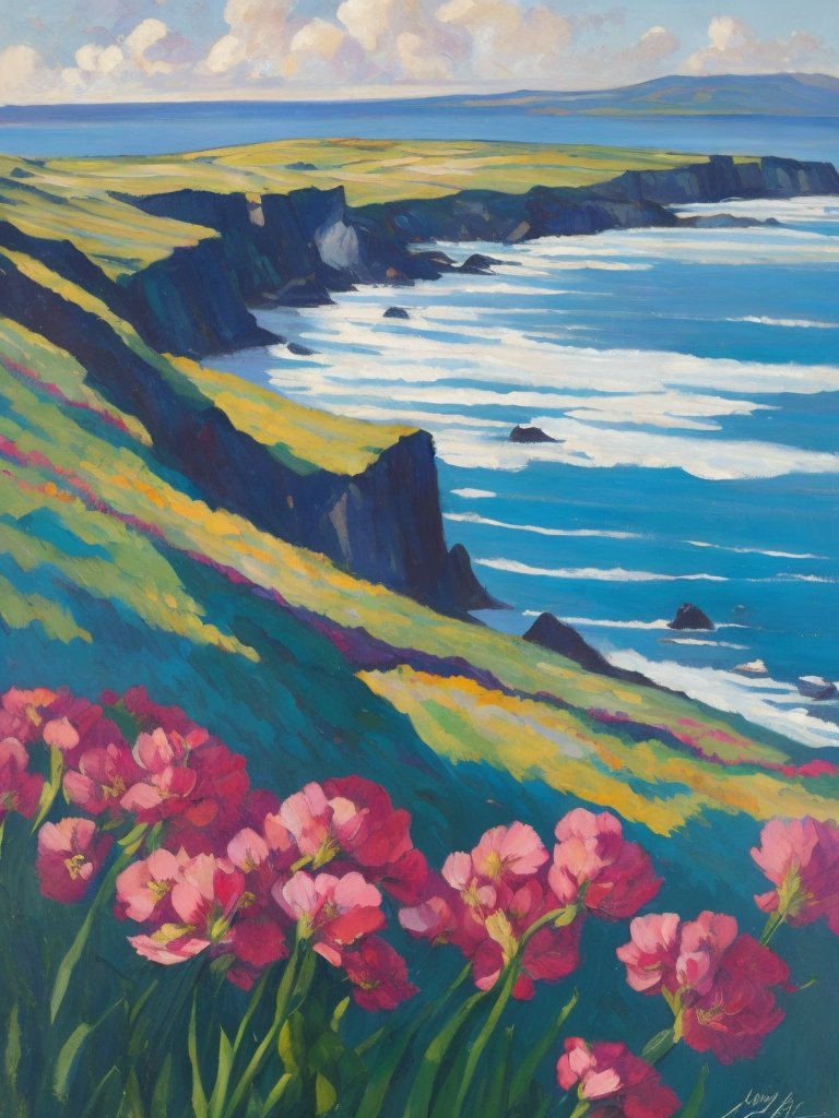 A painting by Andre Lhote. A painting of striking sea pinks, or thrift, along the coastal cliffs of Orkney combines Cubist and Fauvist styles to showcase the captivating beauty of these resilient flowers. The composition utilizes bold shapes and a palette of vivid pinks, blues, and greens, highlighting the contrast between the delicate blossoms and the dramatic, windswept landscape.