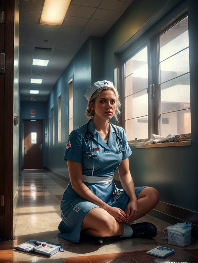 Portrait of a female working nurse, sitting on the floor in the hallway, sad face, sad colors and atmosphere, the light from the window illuminates her face, low angle photo