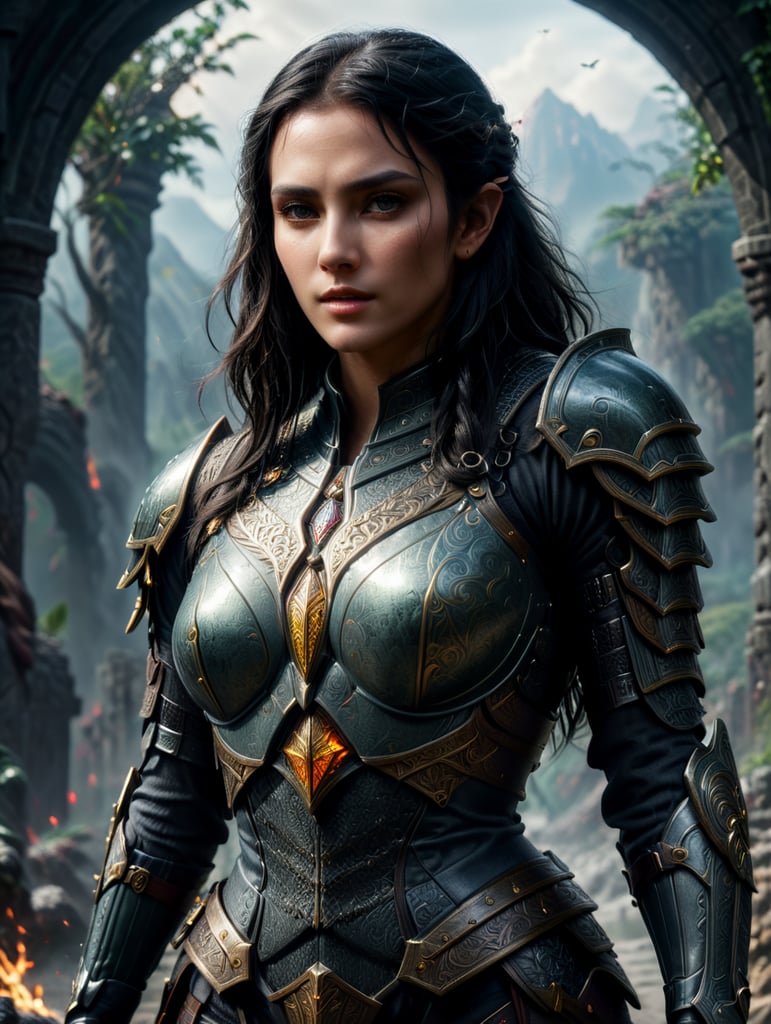 a full body image of a beautiful and rugged female Elf black haired paladin with mithrel lined slat armor
