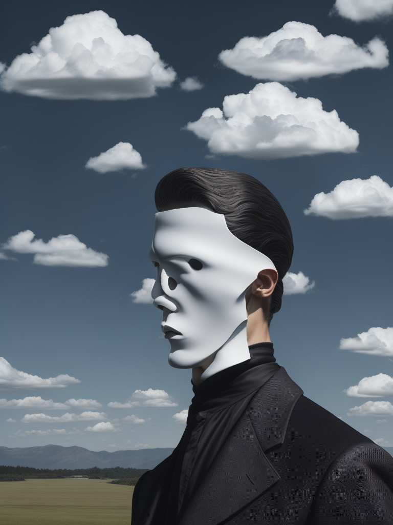 Portrait of a faceless reflective chrome - head man in a suit and black gloves, clouds and nature landscape in the background, by rene magritte, detailed painting, distance, centered, hd, high resolution, high detail,