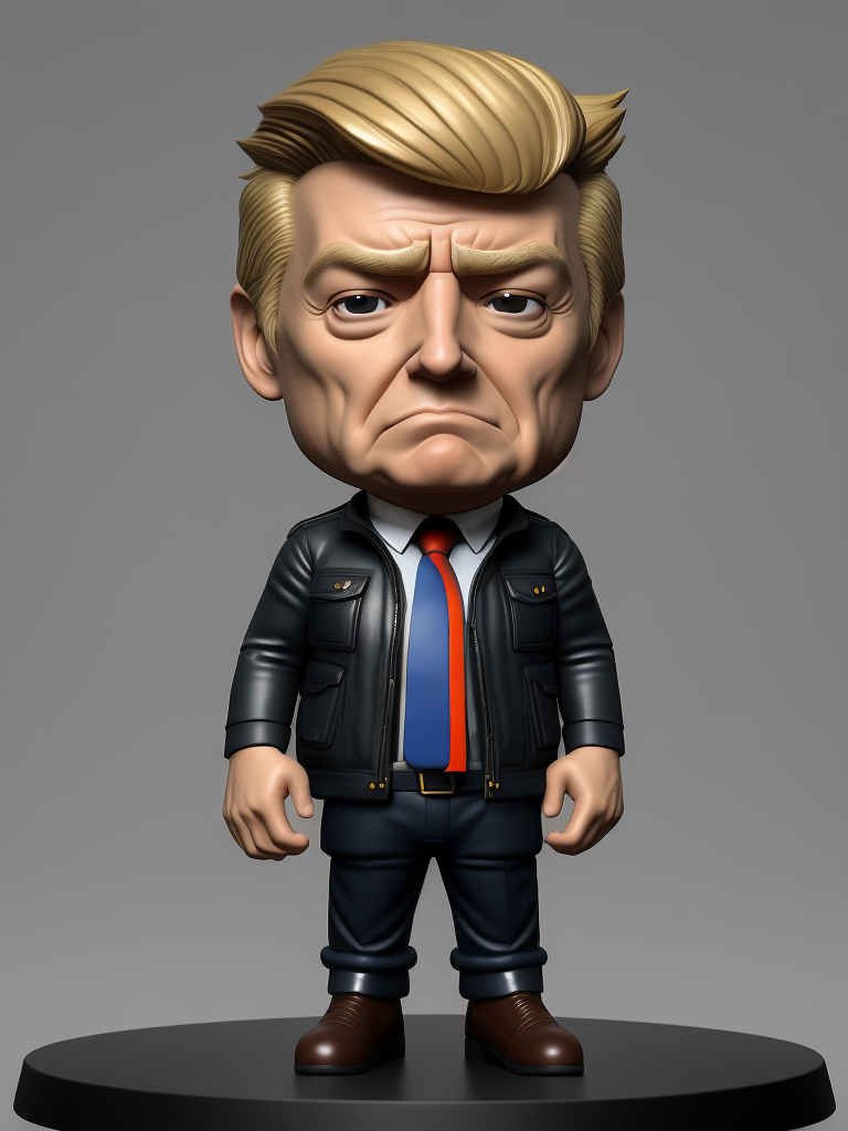 Donald Trump as jake peralta from the tv show brooklyn nine-nine, bobble, head, funko pop art, hyper detailed, professional lighting, film lighting, 35mm, 50mm, ray tracing, unreal engine 5, zbrush