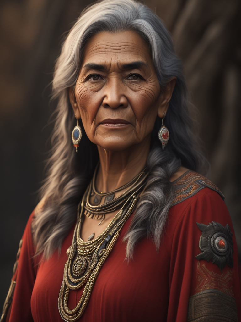 North American indigenous woman old red dress grey hair