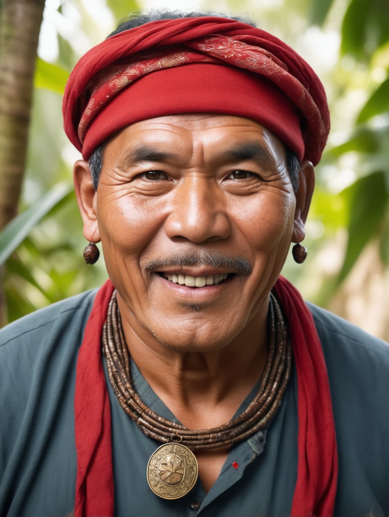 old male chubby filipino healer with red bandana. front faced, full body. thick eyebrows. brown skin. wearing an amulet. looks like a seller of healing oil and herbal leaves. inside a bahay kubo. cheerful personality