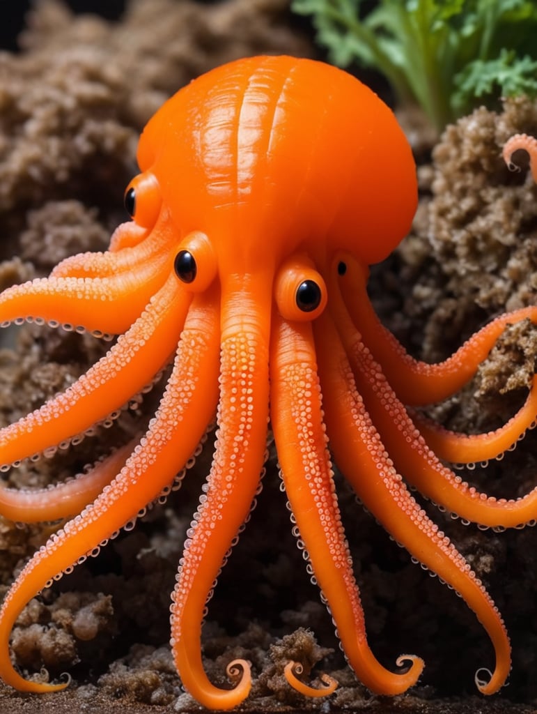 Incredible animal hybrid of a carrot plus a octopus. The tail of the carrot is a octopus.