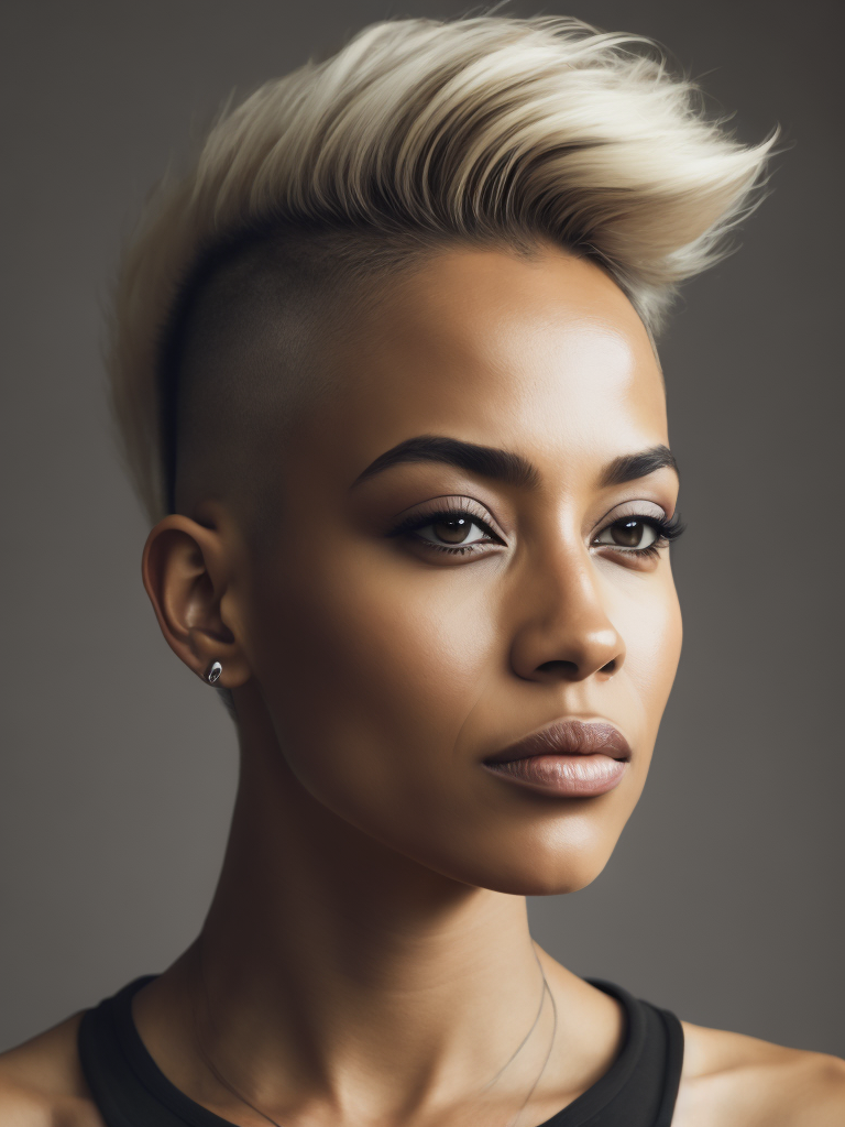 a 42 yo woman, blonde, (hi-top fade:1.3), dark theme, soothing tones, muted colors, high contrast, (natural skin texture, hyperrealism, soft light, sharp)