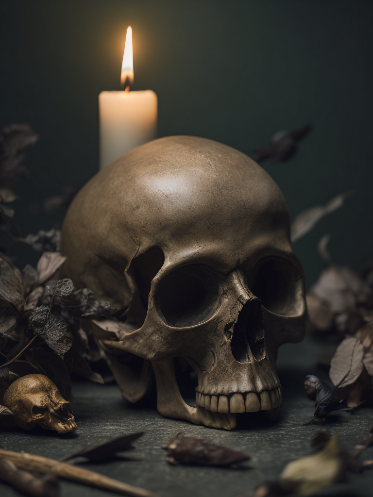 human skull dark candle light surrounded by dead black birds and insects, dark green background scattered dead flowers, shallow depth of field focus