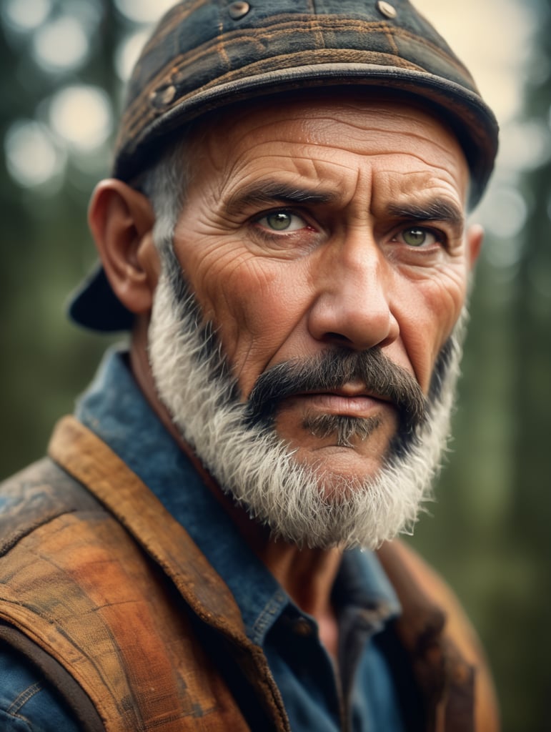 . . a portrait of a ancient, Canadian lumberjack, elder, epic realistic, faded, (((hdr))), hyperdetailed, cinematic, warm lights, intricate details, muscle diffused lighting, centered composition 85 mm f 1. 8 lens with hasselblad photo by Annie Leibovitz and Steve McCurry in the style film Nizouveau watercolor inktobernetic illustration sharp focus face symmetry volumetric lights highly detailed Cinema, photo realistic, ultra details, natural light, light background, photo, Studio lighting,
