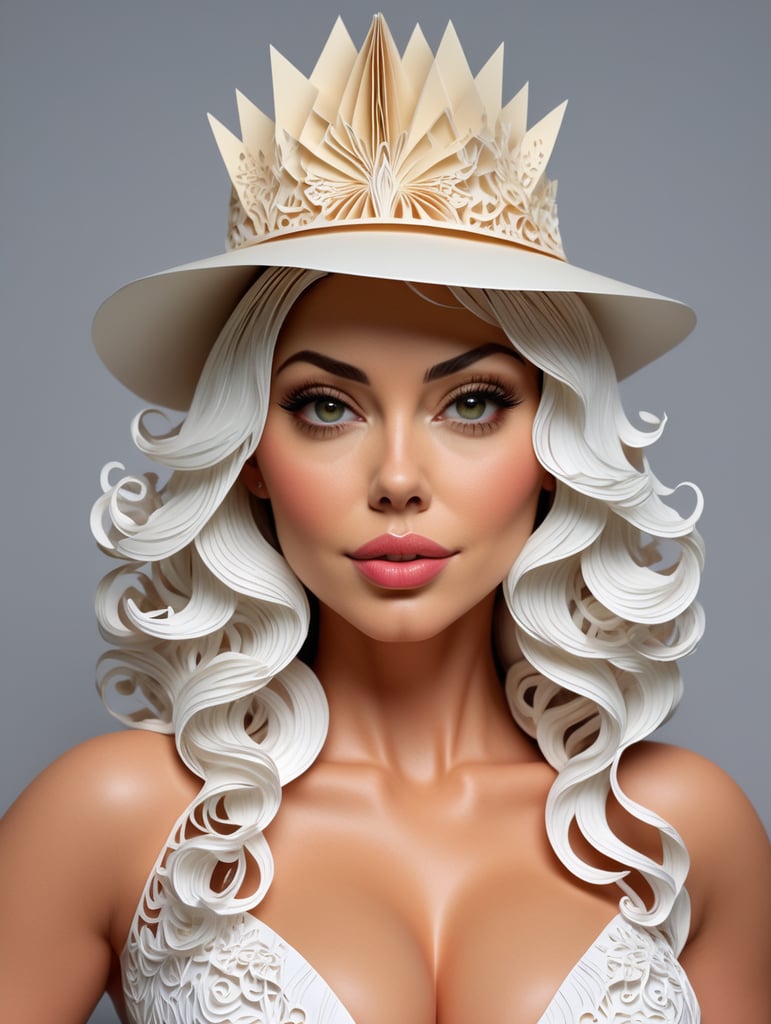 A portrait of a beautiful model woman who looks like Sofia Vergara , with a curvy body, a big bust, a small waist, tall legs, perfect facial features, curly hair, a Hyperdetailed, portrait shot, a beautiful goddess, full-lips, perfect lips, make-up, High Res, hyperdetailed, glamorous Hollywood portraits, highly realistic, daz3d, women designers, high resolution,