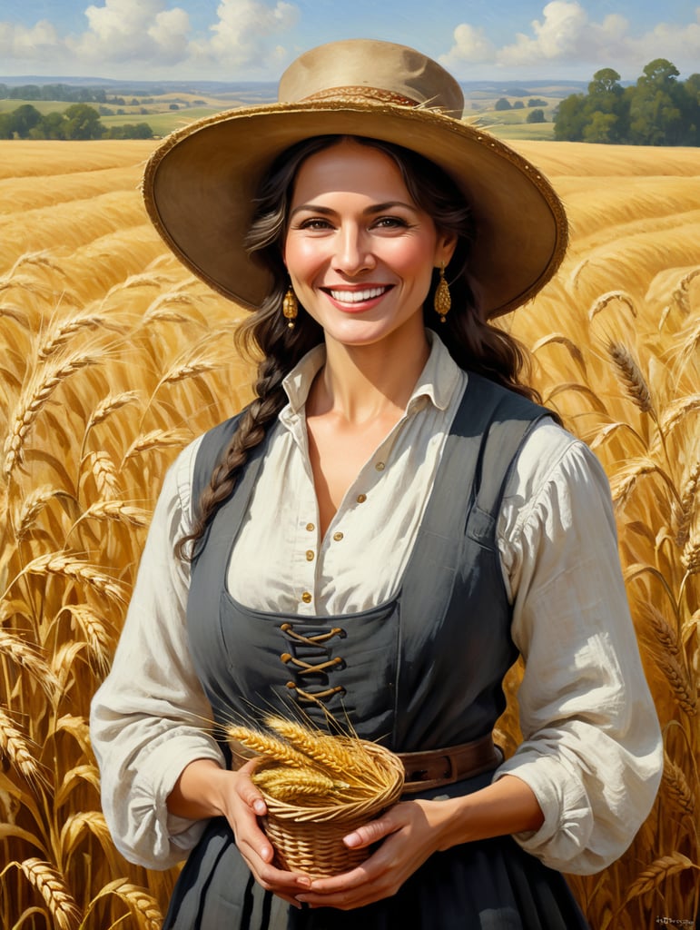 Create a pictorial illustration that shows a woman in her 50s with a friendly smile and a wide-brimmed hat. She has dark hair and wears an old peasant outfit, a white shirt and gray vest. She holds a sheaf of golden wheat in her hands. The wheat looks fresh and well preserved. The painting has an oil painting style and presents rich details in the textures of the clothes, the wheat and the features of the woman's face. he must wear period clothes of a peasant woman. Make it look like it was made by a Renaissance-era artist.